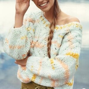 Anthropologie alpaca wool blend large cable knit oversize sweater Pastel Hues